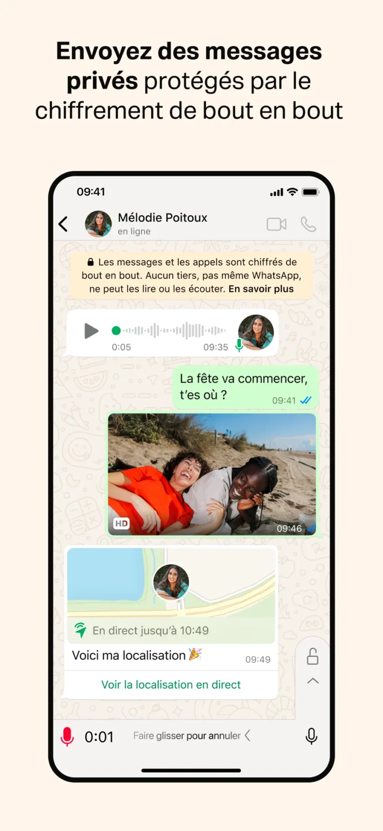 Conversation WhatsApp avec bandeau de chiffrement de bout en bout, note vocale, photo HD et localisation en direct