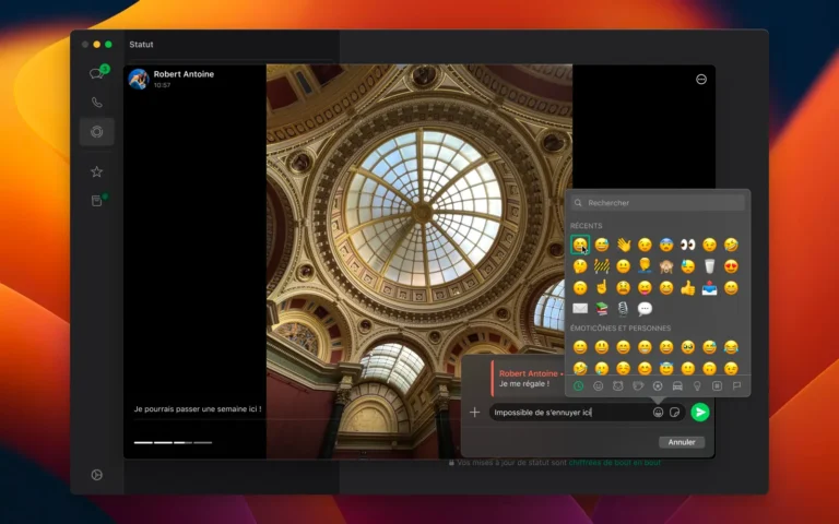 Statut WhatsApp affiché dans l'application Mac avec réponse en cours de saisie et sélecteur d'emojis ouvert
