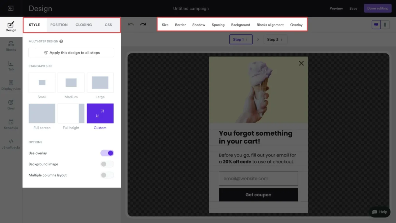 Éditeur de popup Wisepops : onglets style, position, fermeture et CSS, tailles standard et aperçu d'une popup en deux étapes