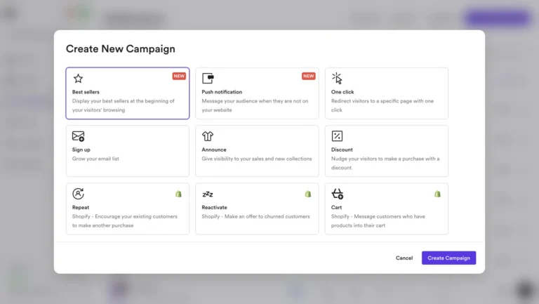 Fenêtre de création de campagne de notification Wisepops : meilleures ventes, web push, inscription, annonce, remise, panier