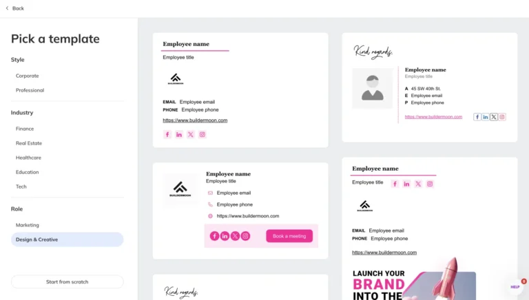 Galerie de modèles du Studio WiseStamp filtrée par style, secteur et métier