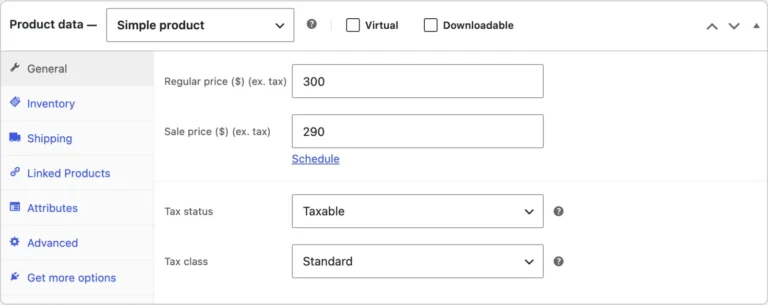 Panneau Données produit de WooCommerce pour un produit simple avec prix normal, prix promotionnel et réglages de taxe