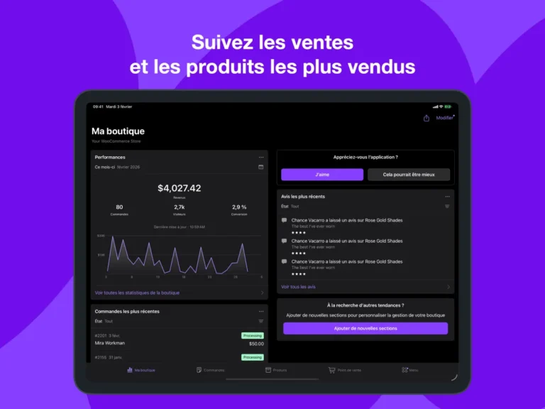 Écran Ma boutique de l'application WooCommerce sur iPad avec revenus du mois, commandes, visiteurs et taux de conversion