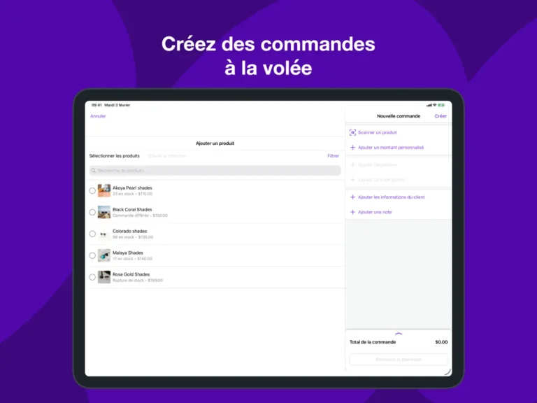 Création d'une commande dans l'application WooCommerce sur iPad avec recherche de produits, stock et ajout du client