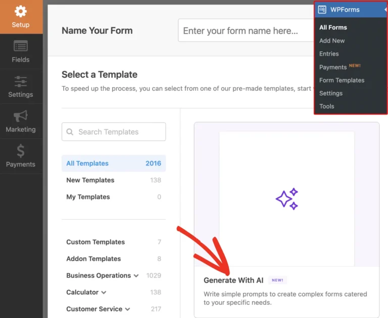 Écran de création d'un formulaire WPForms avec la bibliothèque de modèles par catégorie et l'option de génération par IA