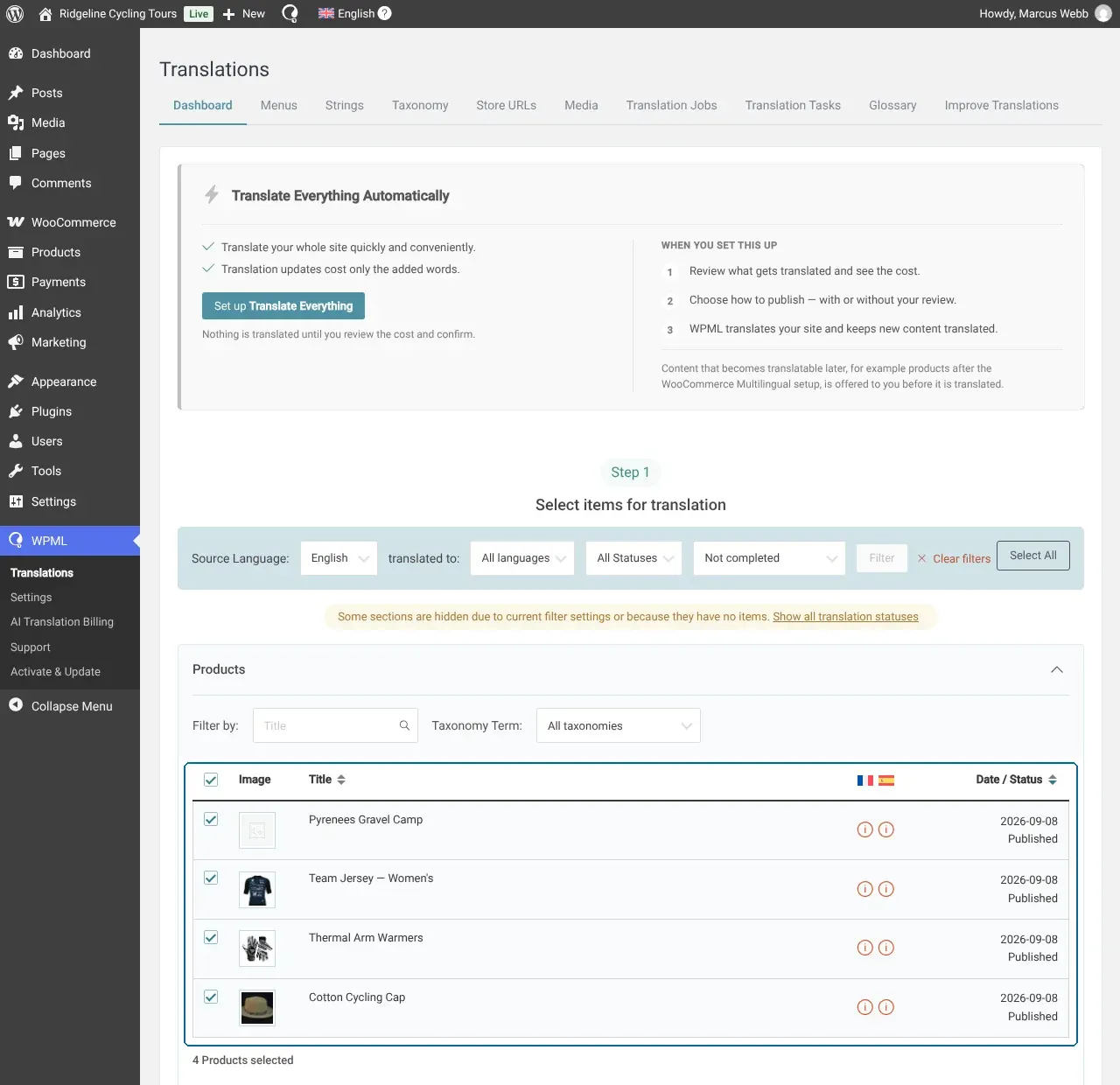 Tableau de bord Traductions de WPML avec le mode Tout traduire automatiquement et la sélection de produits WooCommerce à traduire