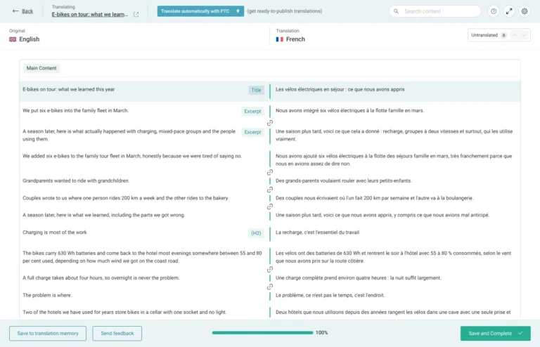 Éditeur de traduction avancé de WPML affichant un article en anglais et sa traduction française côte à côte