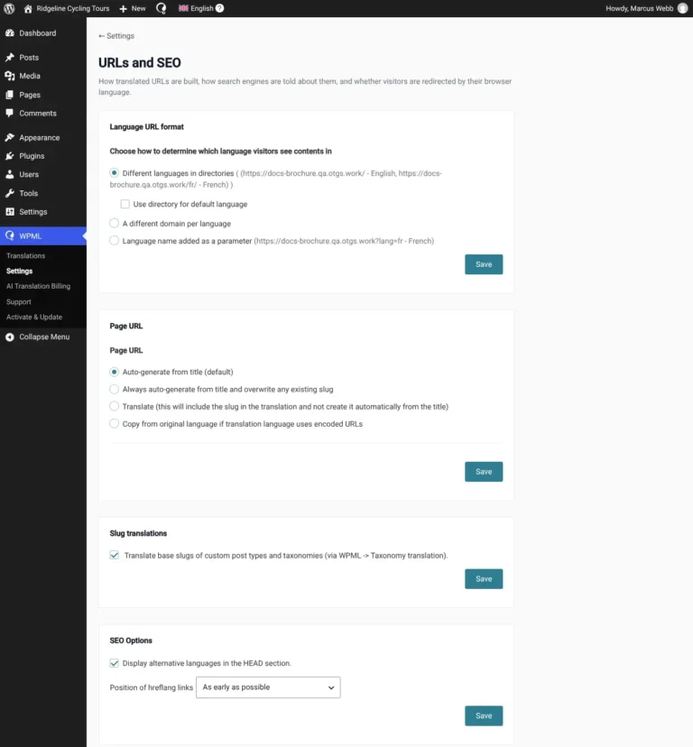 Réglages URL et SEO de WPML avec le choix du format d'URL par langue, la traduction des slugs et les balises hreflang