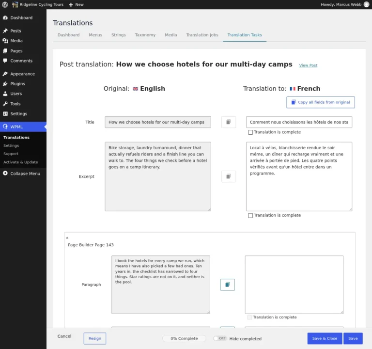 Éditeur de traduction classique de WPML avec les champs titre, extrait et paragraphes à traduire de l'anglais vers le français