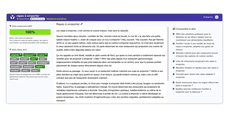 Rédaction en Mode Zen de YourText.Guru : jauge de progression à 100 %, mots à intégrer et points essentiels à traiter