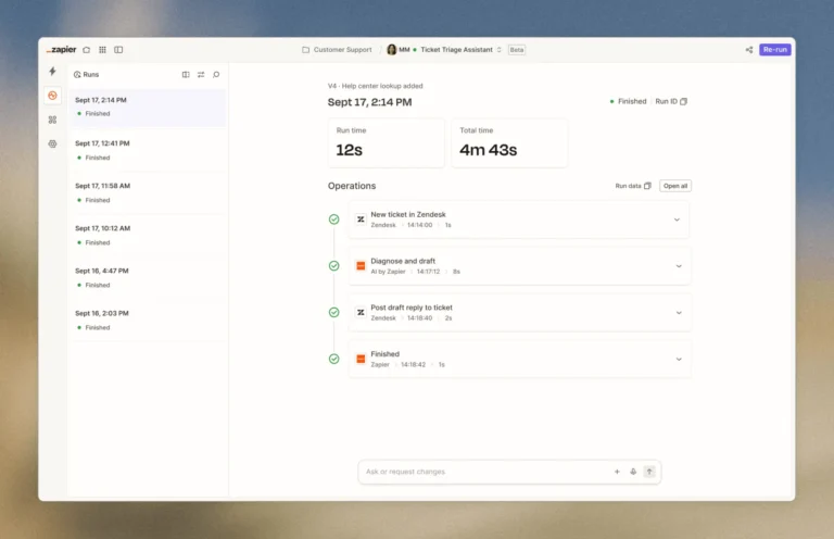 Historique des exécutions d'un flux Zapier avec durée, statut et détail de chaque opération Zendesk et IA