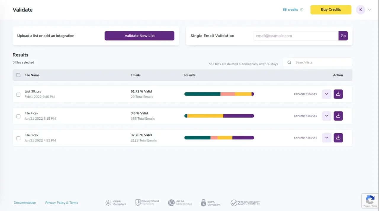 Page Validate de ZeroBounce avec dépôt de liste, vérification d'une adresse unique et résultats par fichier